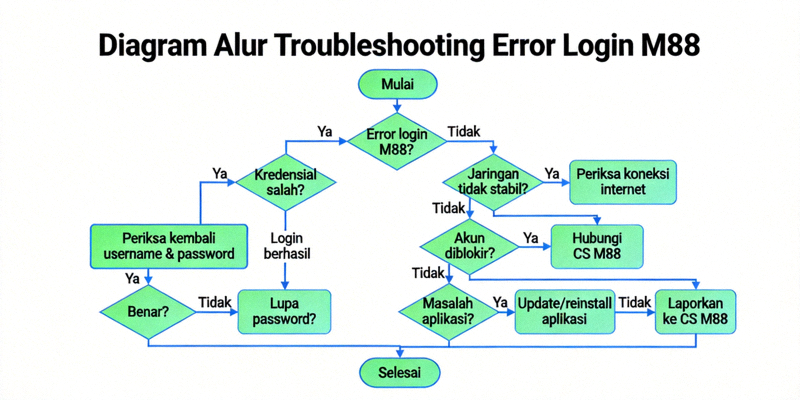 Diagram alur troubleshooting untuk mendiagnosis dan memperbaiki berbagai error login M88