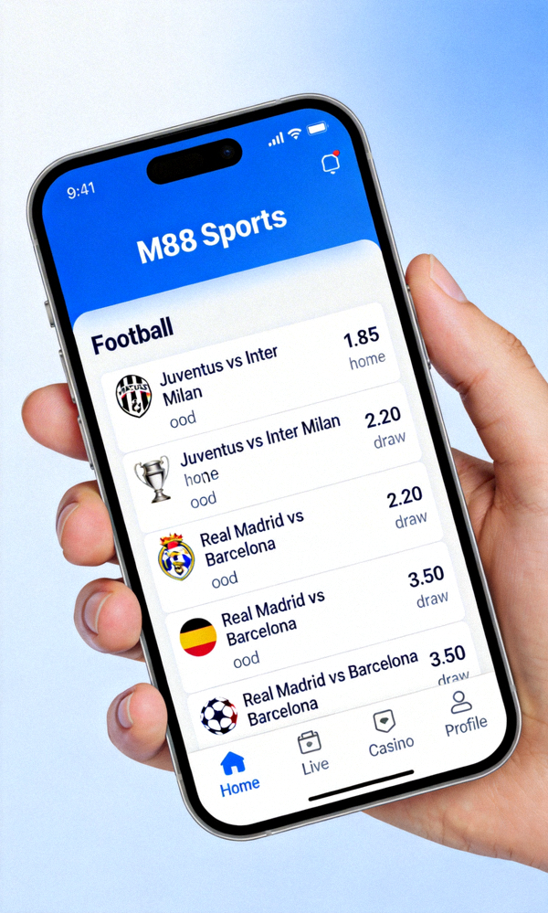 Tampilan halaman taruhan olahraga M88 Sports di smartphone dengan daftar pertandingan dan odds